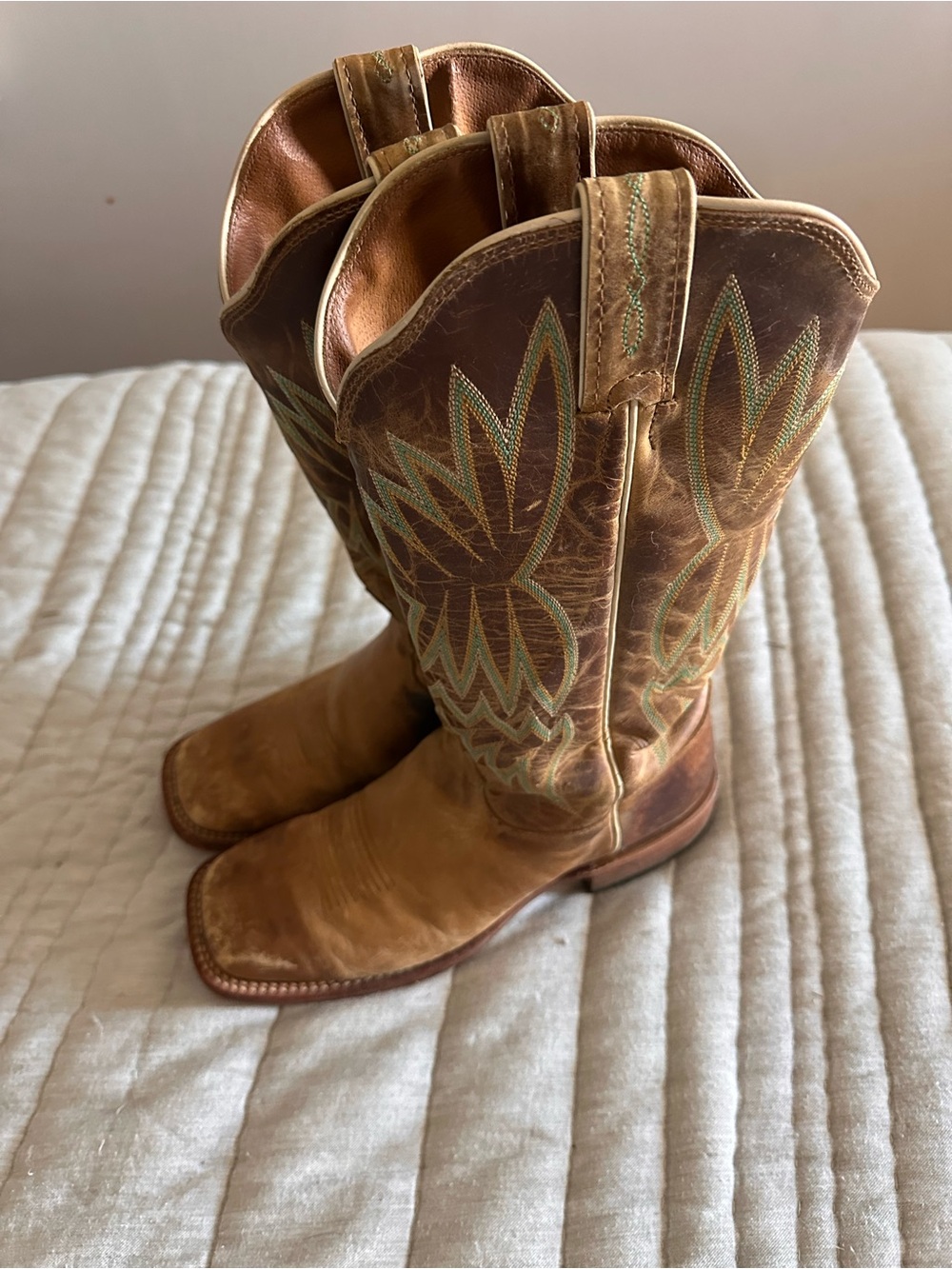 Tony Lama Brown Leather Western Heeled Boots with Green Stitching - Picture 4 of 10